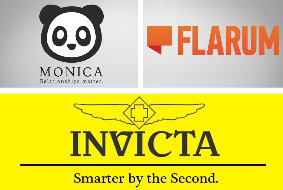 logos of monica, flarum, invicta