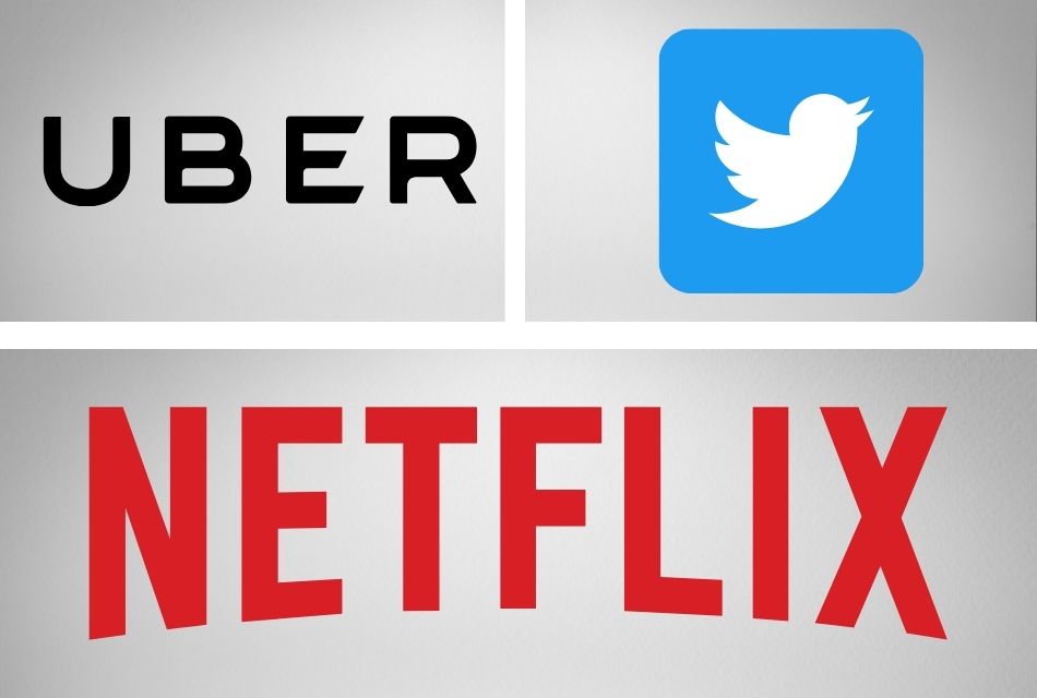 logos of Uber, Twitter, Netflix