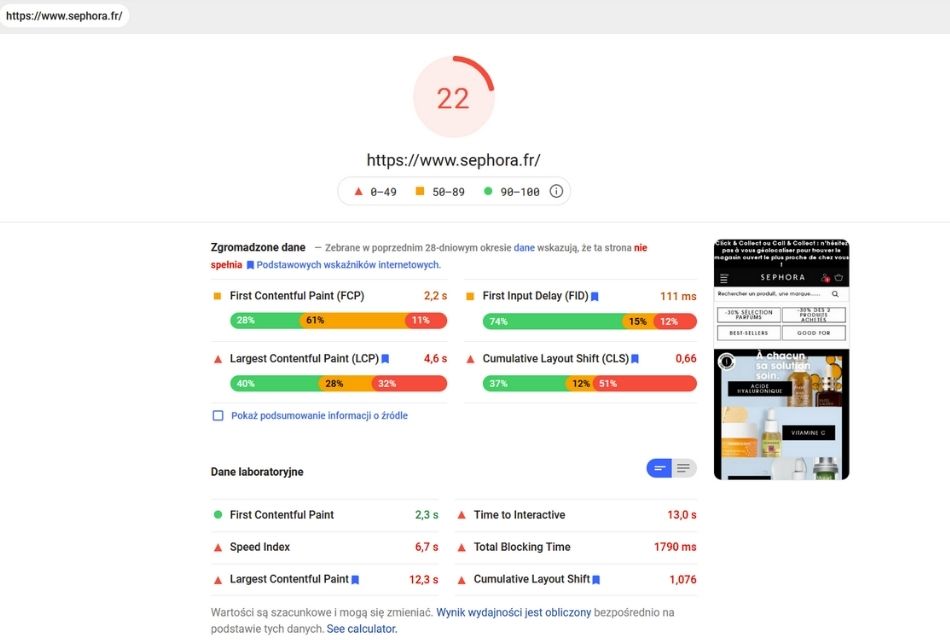 sephora Google PageSpeed Insights