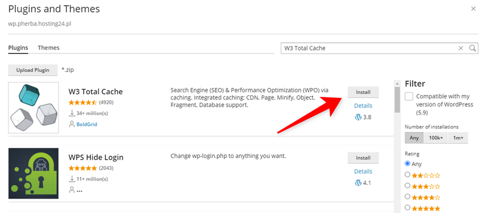 plugin w3 total cache in cPanel confirm install