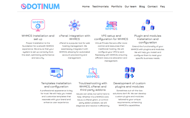 list of WHMCS functionalities avaiable on dotinum